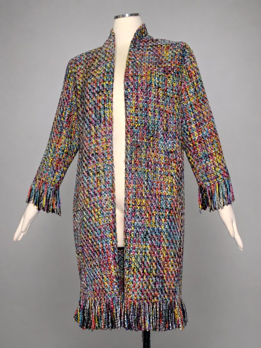 Vilagallo Multicolor Textured Knit Fringe Long Cardigan Sweater Metallic  L